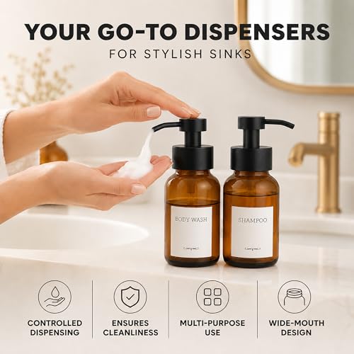 Amber Glass Foaming Soap Dispenser, 2 Pack, 8.5 Oz, Refillable | Foaming Hand Soap Dispenser; Pump Bottles, Non-Slip Bottom, 6 Moisture-Resistant Labels; for Bathroom & Kitchen Counter Decor