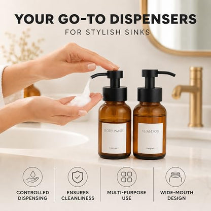 Amber Glass Foaming Soap Dispenser, 2 Pack, 8.5 Oz, Refillable | Foaming Hand Soap Dispenser; Pump Bottles, Non-Slip Bottom, 6 Moisture-Resistant Labels; for Bathroom & Kitchen Counter Decor