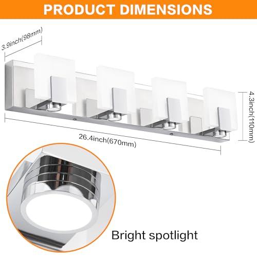 SOLFART Bathroom Light Fixtures Over Mirror Chrome Dimmable LED Vanity Lights 4 Lights Stainless Steel Acrylic Shade - color: Chrome,Spotlight Model-6000K,100%-0% Dimmble Brightness, size: 4- Light,27Inch