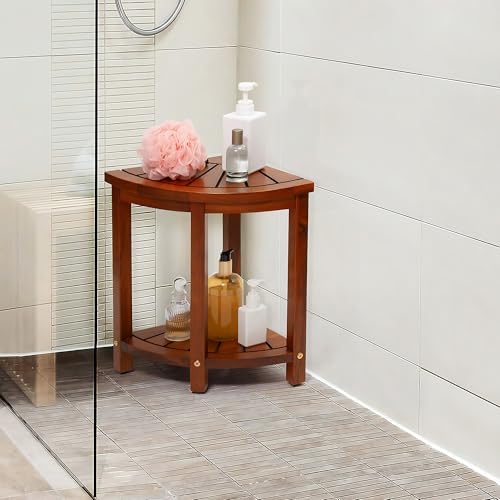Axeman Space-Saving Teak Shower Stool with Storage Shelf - 12" Corner Shower Bench for Small Spaces - Waterproof 2-Tier Design for Shaving, Bathing & More (350lb Capacity)