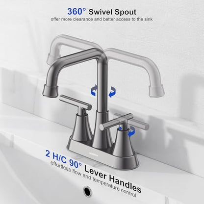 Brushed Grey 4 inch Centerset Bathroom Faucet for Sink 2-3 Hole | Bathroom Sink Faucet with Pop-up Drain and Supply Lines, Stainless Steel 2-Handle Centerset Faucet for Vanity RV Restroom - color: Brushed Grey