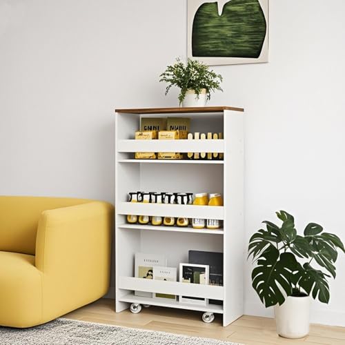POWERSTONE 4-Tier Slim Storage Cart, Narrow Kitchen Rolling Cart w/Handle & Open Shelves, Skinny Slide Out Utility Organizer Trolley for Kitchen Bathroom Laundry Small Spaces White & Rustic Brown - color: White & Rustic