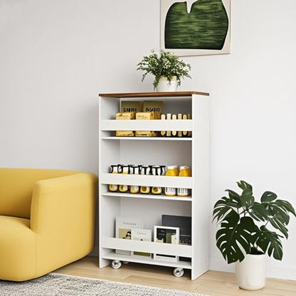 POWERSTONE 4-Tier Slim Storage Cart, Narrow Kitchen Rolling Cart w/Handle & Open Shelves, Skinny Slide Out Utility Organizer Trolley for Kitchen Bathroom Laundry Small Spaces White & Rustic Brown - color: White & Rustic
