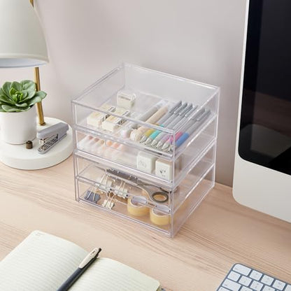 STORi Stackable Desk Drawer Organizer, Clear Pen Pencil Makeup Brush Holder for Desktops and Vanities, 4 Wide Drawers (Made in USA) - style: 7.5"W x 1.5"H Drawers (Set of 4)