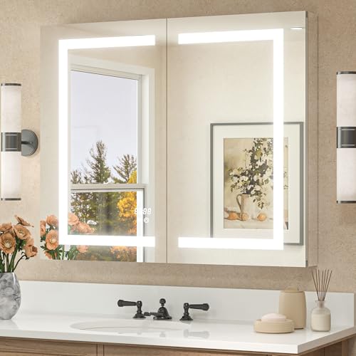TETOTE LED Lighted Bathroom Medicine Cabinet Mirror with Lights 36 x 30 Recessed or Wall Mounted Cabinet with 2 Door, Tempered Glass, Outlets & USB, 3-Color Stepless Dimming, Defog, Adjustable Shelf - size: 36x30
