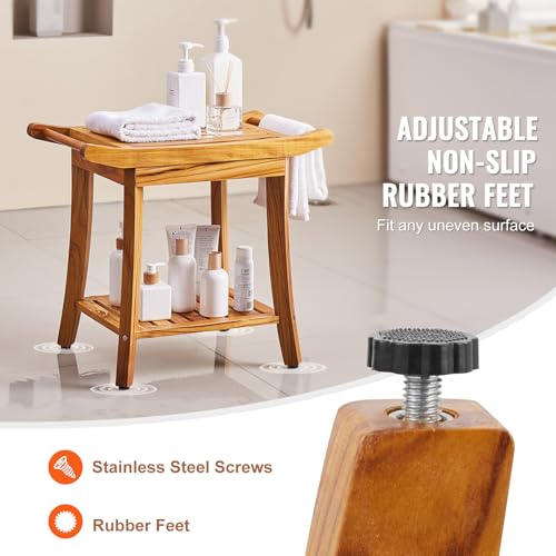 VEVOR Teak Shower Bench, 22 x 14.4 x 18.5 in, Waterproof Wood Shower Stool with Storage Shelf Handle Non-Slip Feet, 300 lbs Maximum Load Capacity Shower Chair Seat, for Bathroom Indoor and Outdoor Use - size: 22in