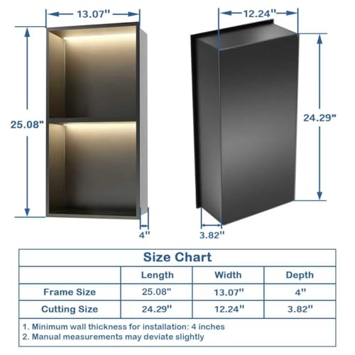 LED Shower Niche, No Tile Needed Niche, 24" X 12", Matte Black | Durable 304 Stainless Steel for Lifelong Use, 3000K Warm Led Lights, Waterproof&Leak-proof, 2 Tiers for Bathroom Storage