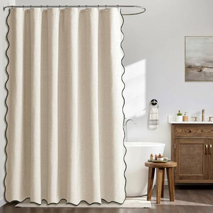 MIULEE Beige Scalloped Shower Curtain Linen Textured with 12 Metal Hooks Cute Heavy Duty Washable Waterproof Neutral Thick Cloth Shower Curtains with Black Border for Bathroom Bathtub,W72*L72 Cream | Linen Textured, Waterproof, Washable, 12 Metal Hooks, H