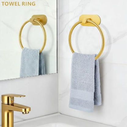Self-Adhesive Towel Ring, No Drill Stainless Steel Round Hand Towel Holder, Rustproof Waterproof Towel Hanger with Strong Sticky Base, Modern Wall-Mounted Towel Loop for Bathroom Kitchen (Gold) - color: Gold