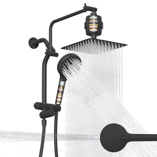 Metal 10" Filtered Rainfall Showerhead Combo, Easy Reach, Matte Black | 4-Way Diverter with Pause Mode, High Pressure Shower Head with 10-Spray Handheld, 71" Hose/12" Extension Arm/Holder - color: Matte Black, style: Square 10" with filter