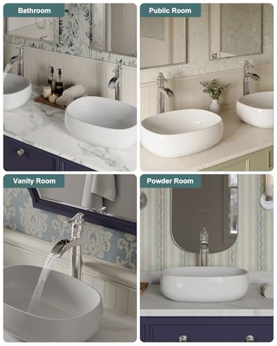 BWE Waterfall Vessel Sink Faucet Brushed Nickel Single Handle 1 Hole | Tall Bathroom Sink Faucets Commercial Mixer Tap with Supply Line and Pop Up Drain without Overflow Lavatory Vanity - color: Brushed Nickel