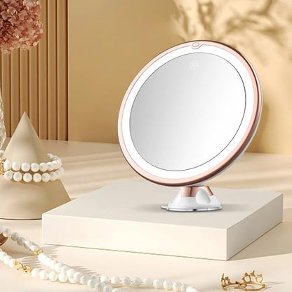 8" Magnifying Mirror with Lights-10x Magnification Makeup Mirror with Suction Cups – Bathroom Shower Mirror – Easy Install – 360 Degree Swivel Joint（Gold）