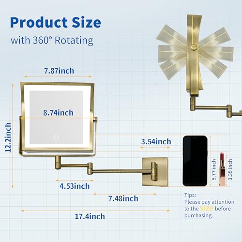 Ruacq Wall Mounted Makeup Mirror with Lights 1X/10X Antique Brass | 8",4000mAh Rechargeable,Magnification,3 Color,Touch Screen Dimmable,360° Rotation Extension Foldable Arm, Square, Women Gift - color: Antique Brass