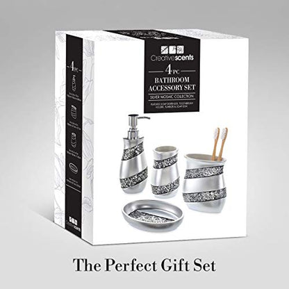 Creative Scents Mosaic Glass 4 Pc. Silver Resin Bathroom Accessories Set | Includes Soap Dispenser, Toothbrush Holder, Tumbler Cup & Soap Dish