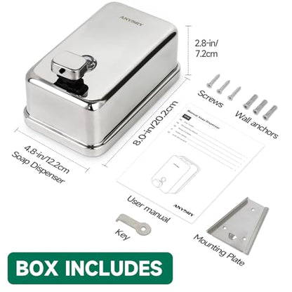 anydry Commercial Soap Dispenser Wall Mounted 37oz Brushed Stainless Steel | Liquid Hand Soap Dispenser, Ideal for Commercial Bathroom, Large Capacity, Easy Refill, Leak-Proof Pump, Stable Installation - color: Polished
