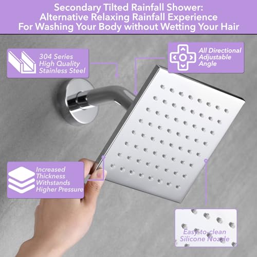 VANFOXLE Shower Faucet Set Chrome Shower System, Push Button Diverter | 10 Inch Ceiling Mount Rain Head, 6 Inch Wall Mount Head, 2-in-1 Handheld Sprayer, Solid Brass Valve, Rust Resistant - color: Chrome, style: 10"+6" Head