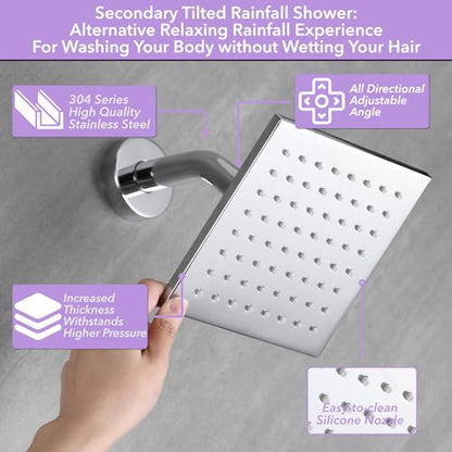 VANFOXLE Shower Faucet Set Chrome Shower System, Push Button Diverter | 10 Inch Ceiling Mount Rain Head, 6 Inch Wall Mount Head, 2-in-1 Handheld Sprayer, Solid Brass Valve, Rust Resistant - color: Chrome, style: 10"+6" Head