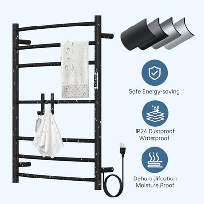 Electric Stainless Steel Warmer Rack Heated Towel Rack with 2 Hooks, Build-in Timer Temperature Adjustable Plug-in/Hardwired Hooks Hot Towel Rack for Bathroom Spa Gym Hotel (Black, 7-Bar) - color: Black, size: 7-Bar