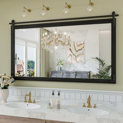 Farmhouse Bathroom Mirror, 60"x36" Black Rustic Bathroom Mirrors | HD glass, solid wooded framed, rectangle, explosion-proof, barn door style, anti-rust, for bathroom/bedroom/entryway - color: Black, size: 60"L x 36"W
