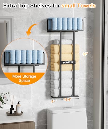 Towel Racks for Bathroom with Top Towel Shelf Hold 8 Large Rolled Towels, 36" Wall Mounted Bathroom Towel Storage Organizer for Small Bathroom, Camper, Rv (Black)