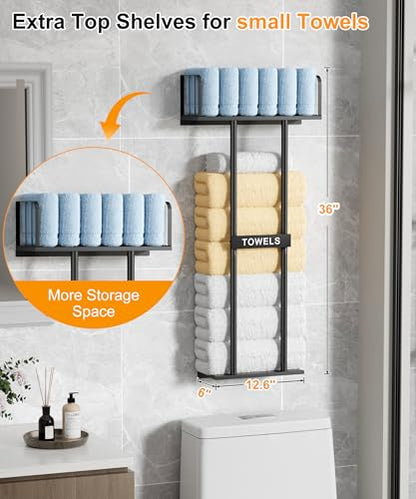 Towel Racks for Bathroom with Top Towel Shelf Hold 8 Large Rolled Towels, 36" Wall Mounted Bathroom Towel Storage Organizer for Small Bathroom, Camper, Rv (Black)