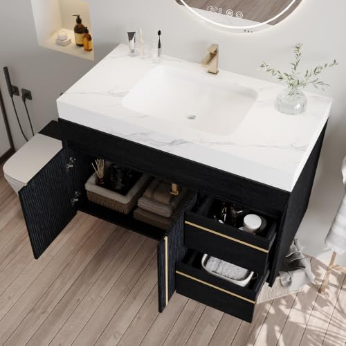 36" Floating Bathroom Vanity with Sink, Modern Wall Mounted Floating Vanity Cabinet with Double Soft-Close Doors and 2 Drawers, Ceramic Sink and Faux Marble Top, White - color: White