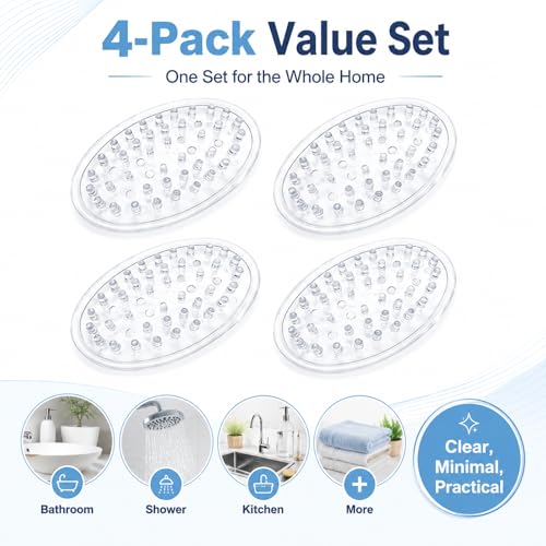 4-Pack Self-Draining Soap Holder, Clear Plastic Soap Saver Tray with Raised Ridges for Bathroom Shower and Kitchen Sink