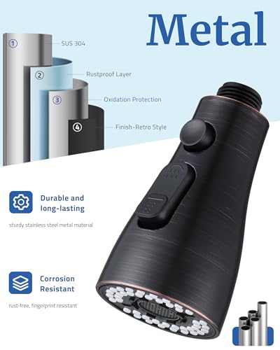 Metal Kitchen Faucet Head Replacement, 3-Mode Sprayer Head with 15 Adapters | 304 Stainless Steel, Pull Down Sink Faucet Head, Stream/Spray/Blade, Compatible with Moen/Delta/Kohler, Oil Rubbed Bronze - color: Oil Rubbed Bronze