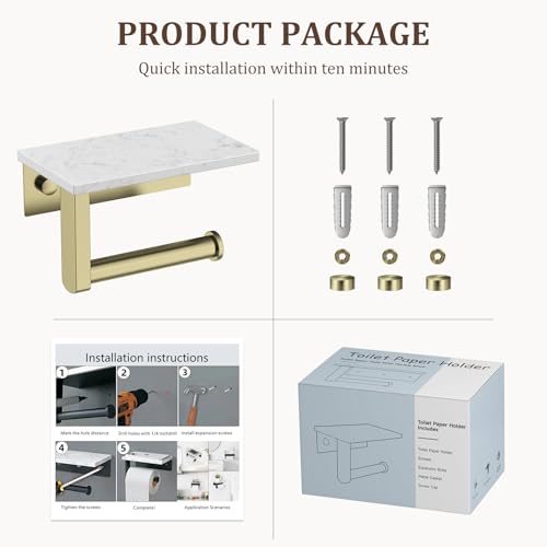 BWE Brushed Gold Toilet Paper Holder with Marble Shelf Wall Mounted | Toilet Paper Roll Holder with Phone Shelf 304 Stainless Steel Tissue Holder for Bathroom Washroom,Saving Space - color: Brushed Gold