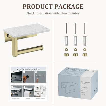 BWE Brushed Gold Toilet Paper Holder with Marble Shelf Wall Mounted | Toilet Paper Roll Holder with Phone Shelf 304 Stainless Steel Tissue Holder for Bathroom Washroom,Saving Space - color: Brushed Gold
