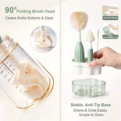 Baby Bottle Brush Set with Soap Dispenser, Foaming Brush & Drying Stand | Soft Silicone Bristles, Fan-Shaped Deep Cleaning Head, 3-Piece Kit with Nipple & Straw Brushes, Quick-Dry Storage, BPA-Free
