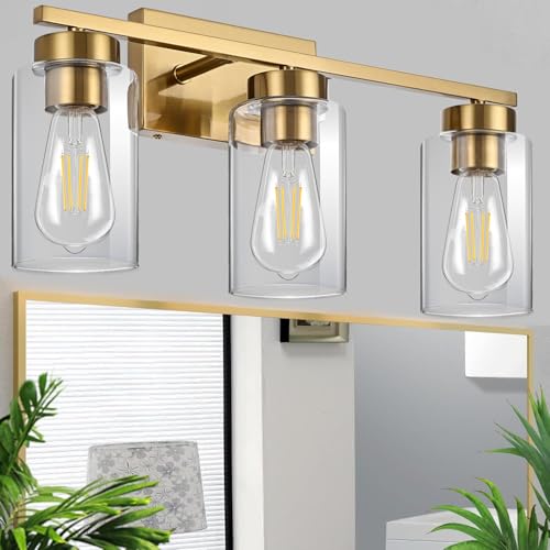 3-Light Bathroom Vanity Light, Modern Brushed Gold Wall Lights with Clear Glass Shades, Bathroom Wall Sconce Lamp for Mirror Living Room Bedroom Hallway - color: 3 Light Gold-Small