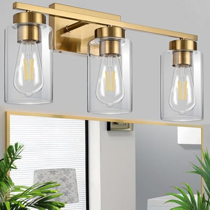 3-Light Bathroom Vanity Light, Modern Brushed Gold Wall Lights with Clear Glass Shades, Bathroom Wall Sconce Lamp for Mirror Living Room Bedroom Hallway - color: 3 Light Gold-Small