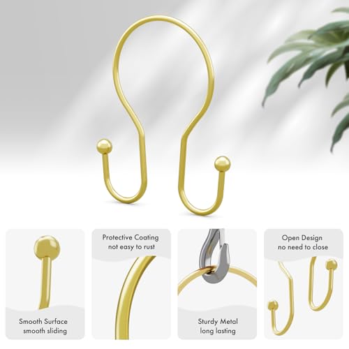AmazerBath Shower Curtain Hooks Gold Shower Curtain Rings, Simple Double Hook Shower Curtain Hooks Rust Proof, Metal Smooth Shower Hooks for Shower Curtain Rod, 12 Pcs Shower Rod Hook Light Gold - color: Light Gold, style: Minimalist - Double Shower Hooks