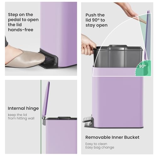 Cesun Small Bathroom Trash Can with Lid, 1.6 Gal, Soft Close, Purple | Step pedal soft close, Slim 5.9in fits narrow spaces, Stainless steel, Anti-fingerprint, Removable inner bucket, Odor seal - color: Purple