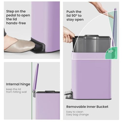 Cesun Small Bathroom Trash Can with Lid, 1.6 Gal, Soft Close, Purple | Step pedal soft close, Slim 5.9in fits narrow spaces, Stainless steel, Anti-fingerprint, Removable inner bucket, Odor seal - color: Purple