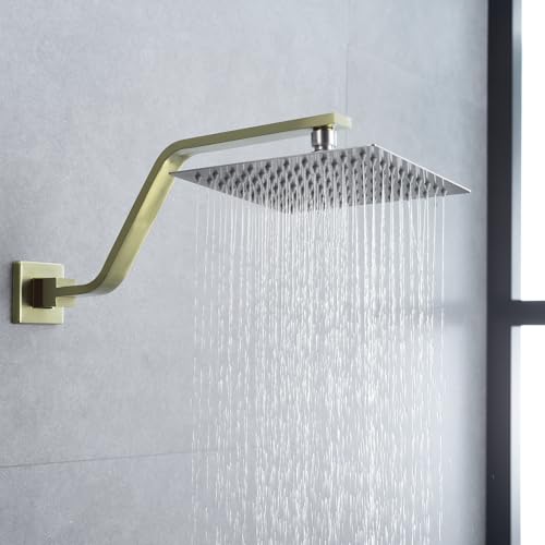 16 Inch S Shape Brushed Gold Shower Head Arm, Square Wall Mounted Shower Arm and Flange Included - color: Brushed Gold