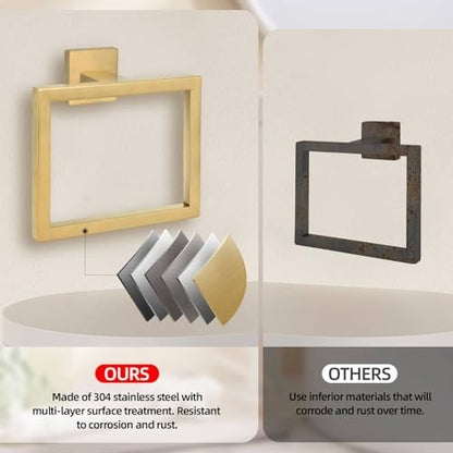 2-Piece Brushed Gold Towel Ring,Square Hand Towel Holder,Stainless Steel Modern Towel Holder Wall-Mounted Bathroom Towel Ring Towel Rack - color: Brushed Gold, size: 2 Pcs