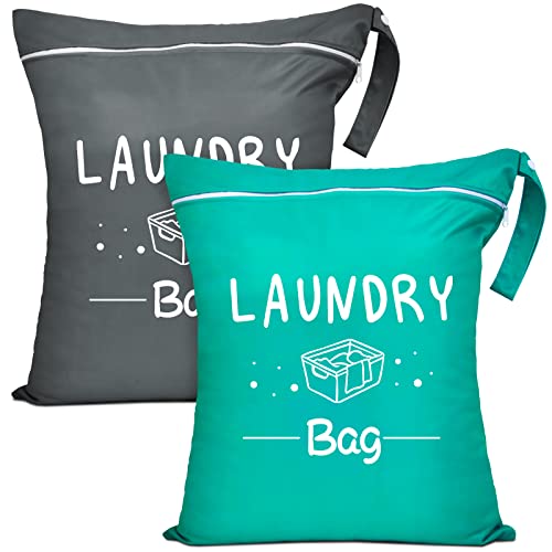 2 Pcs Large Travel Laundry Bags - Waterproof Wet/Dry, Washable, Drawstring, Bathing Suit, Workout, Gym Clothes, Swimming, Yoga - Green, Grey - color: Green+Grey