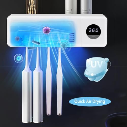 Cordless Toothbrush Holder, Toothbrush Cleaner with 4 Slots & 360s Timer Function, No-Drill Rechargeable Wall-Mounted Toothbrush Holders for Bathroom Family, White