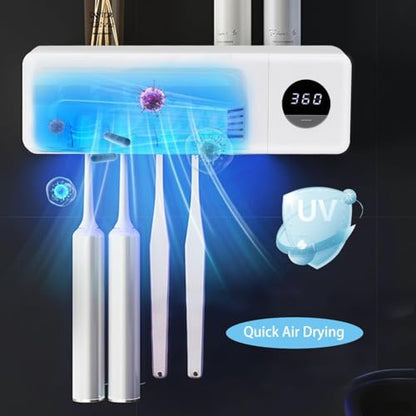 Cordless Toothbrush Holder, Toothbrush Cleaner with 4 Slots & 360s Timer Function, No-Drill Rechargeable Wall-Mounted Toothbrush Holders for Bathroom Family, White