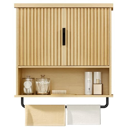 VASAGLE MAXE Collection - Bathroom Cabinet Wall Mounted, Over Toilet Hanging Cabinet with Adjustable Shelf, Towel Bar, Fluted Doors, 7.9 x 23.6 x 28.7 Inches, Transitional, Oak Beige UBBK135Y01S - color: Oak Beige, style: 2Doors（28.7"H）