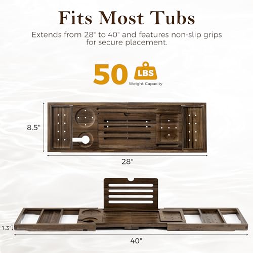 Teak Bathtub Tray, Expandable Bath Tray for Tub 28–40in, Foldable Bath Caddy with Wine Holder, Phone & Tablet Stand, Wooden Bathtub Organizer, Luxury Spa Bathroom Accessories Gift - Dark Walnut Finish - color: Dark Walnut - Solid Teak Wood