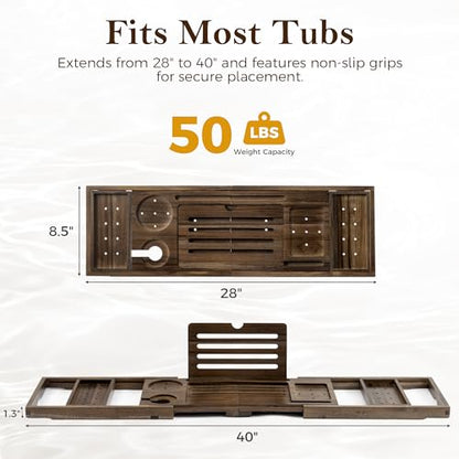 Teak Bathtub Tray, Expandable Bath Tray for Tub 28–40in, Foldable Bath Caddy with Wine Holder, Phone & Tablet Stand, Wooden Bathtub Organizer, Luxury Spa Bathroom Accessories Gift - Dark Walnut Finish - color: Dark Walnut - Solid Teak Wood