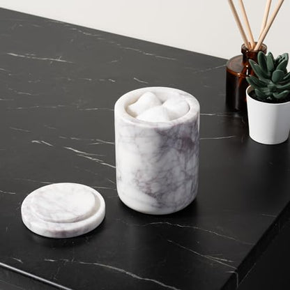 Cork & Mill Marble Bathroom Accessories Set, White Vanity Decor | Solid Natural Stone Soap Dispenser, Toothbrush Holder and Lidded Canister for Qtips, Countertop Set of 3