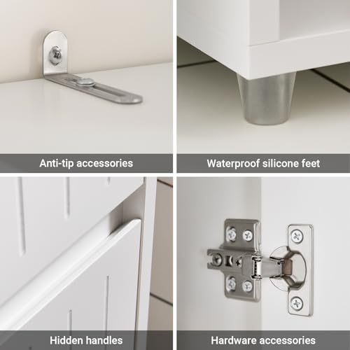 SoBuy Tall Narrow Storage Cabinet, Skinny Bathroom Cabinet with Adjustable Shelves Slender, Anti-Tipping Floor Standing Cupboard, Pinstripe White BZR160-W | BZR160-W Bathroom Cabinet with Doors, Drawer and Adjustable Shelves, Standing Bathroom Shelf, Whit