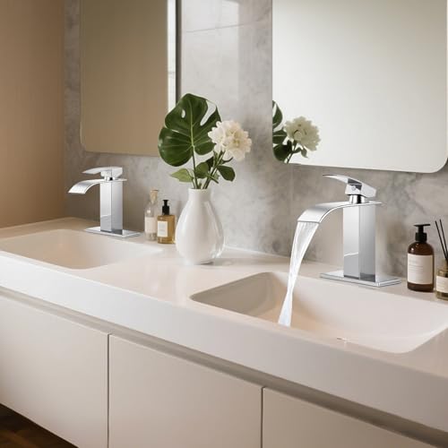 Bathroom Faucets Chrome Waterfall Single Handle Bathroom Sink Faucet | with Pop-up Drain & Deck,Supply Hoses,Chrome Single Handle Vanity Faucet,Stainless Steel,1 or 3 Hole,RV,Fits Home,Bathroom - color: A-Chrome, style: Short