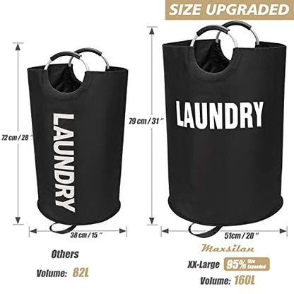 Maxsilan 160L XX-Large Laundry Basket Bag, Collapsible Tall Hamper, Black | Freestanding tall laundry bag & foldable washing basket. Extra large clothes storage bin with durable sturdy handles - color: Black, size: 160L