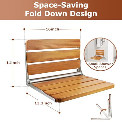 Foldable Shower Seat Wall Mounted 16 in Wide, Teak Bench for Small Shower | Foldable Design, Shower Use - size: 16INCH