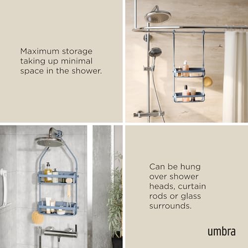 Umbra Flex Shower Caddy, Hanging 2 Shelves Bathroom Organizer, Slate Blue | Flexible silicone bands, drainage system, mold resistant, bottle collars, overhead mount